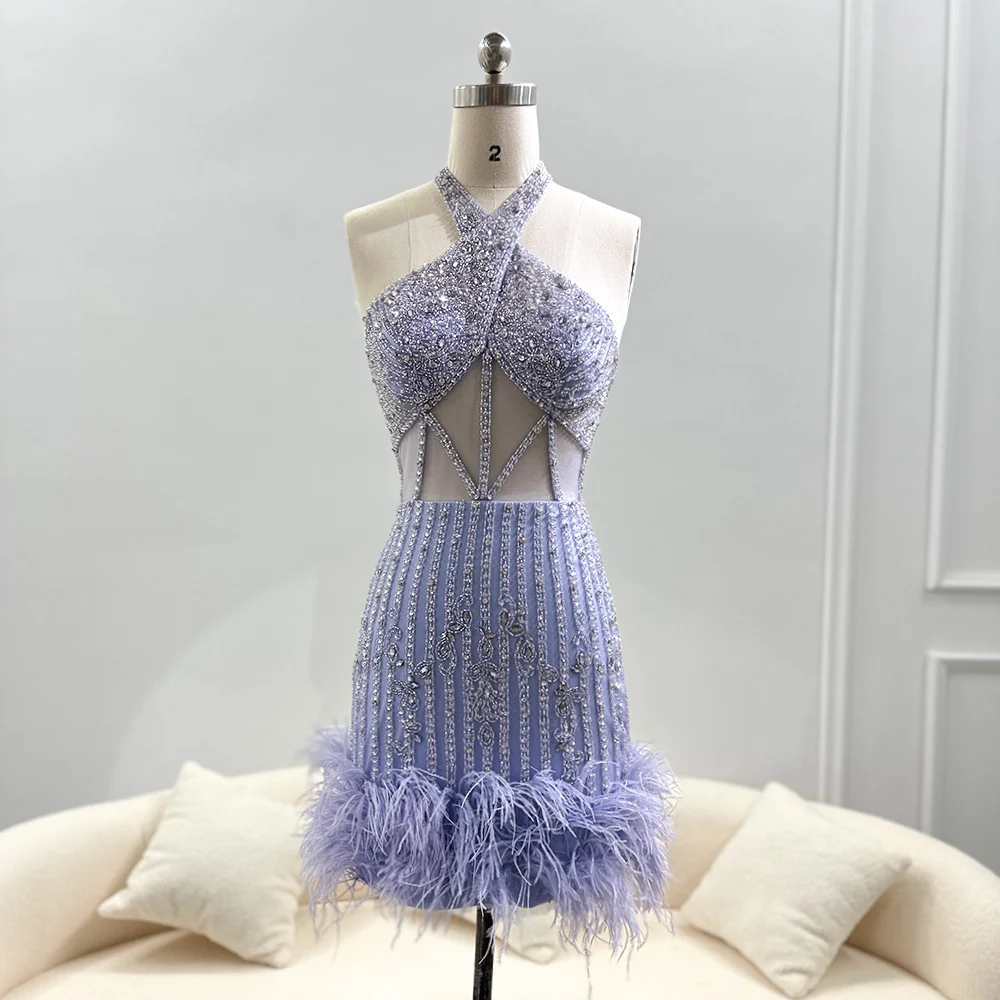 Scz129 Jancember Feathers Nude Short Mini Cocktail Prom Dresses For Women Wedding Halter Lilac Homecoming Party Gowns