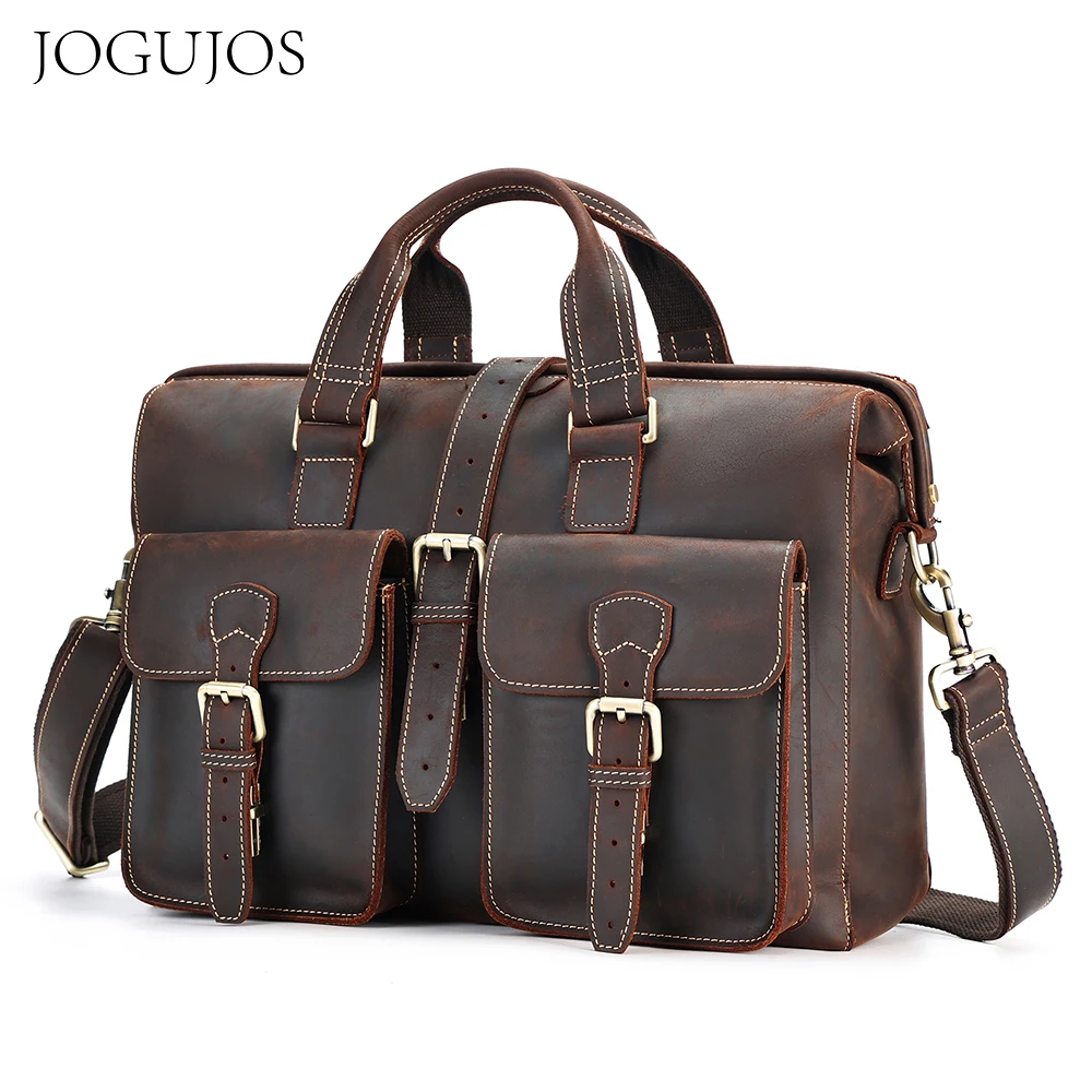 

JOGUJOS Men Briefcase Genuine Crazy Horse Leather 15.6" Laptop Bag Business Messenger Bags Shoulder Crossbody Bag Handbag Tote