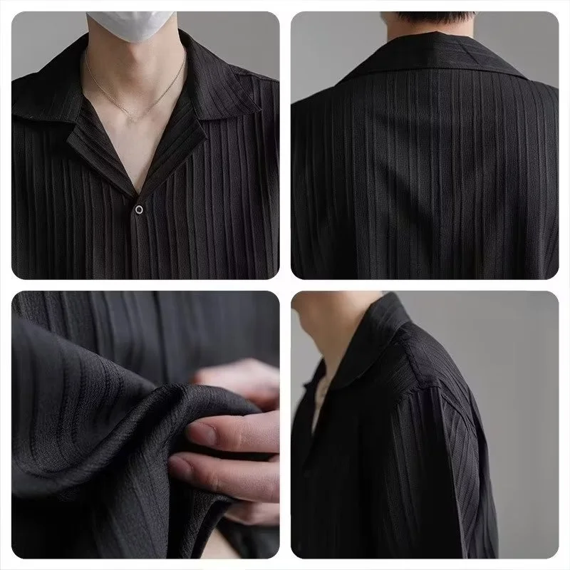 

Cuban Collar Men's Casual irt ort Sve Stripe Texture Design Loose Fit Summer Lightweight Anti-Wrinkle Outerwear