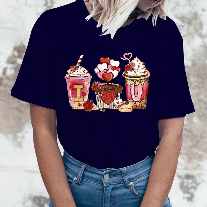 Camisetas con estampado de café del Día de San Valentín para mujer, playeras divertidas de manga corta con cuello redondo para verano
