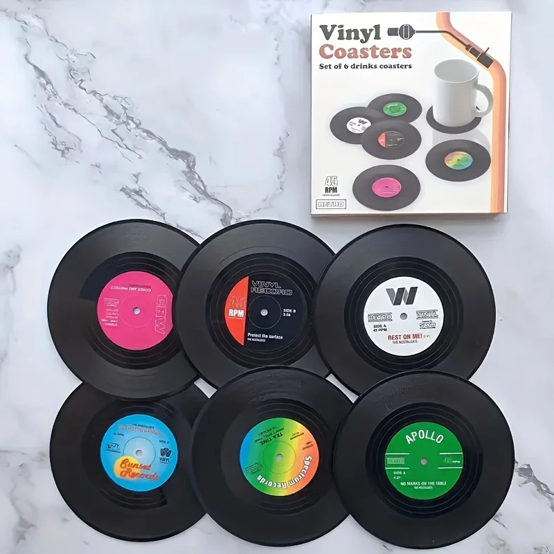 6 vinyl record coasters, creative retro classic nostalgic rock CD anti slip insulation pads, desktop decoration