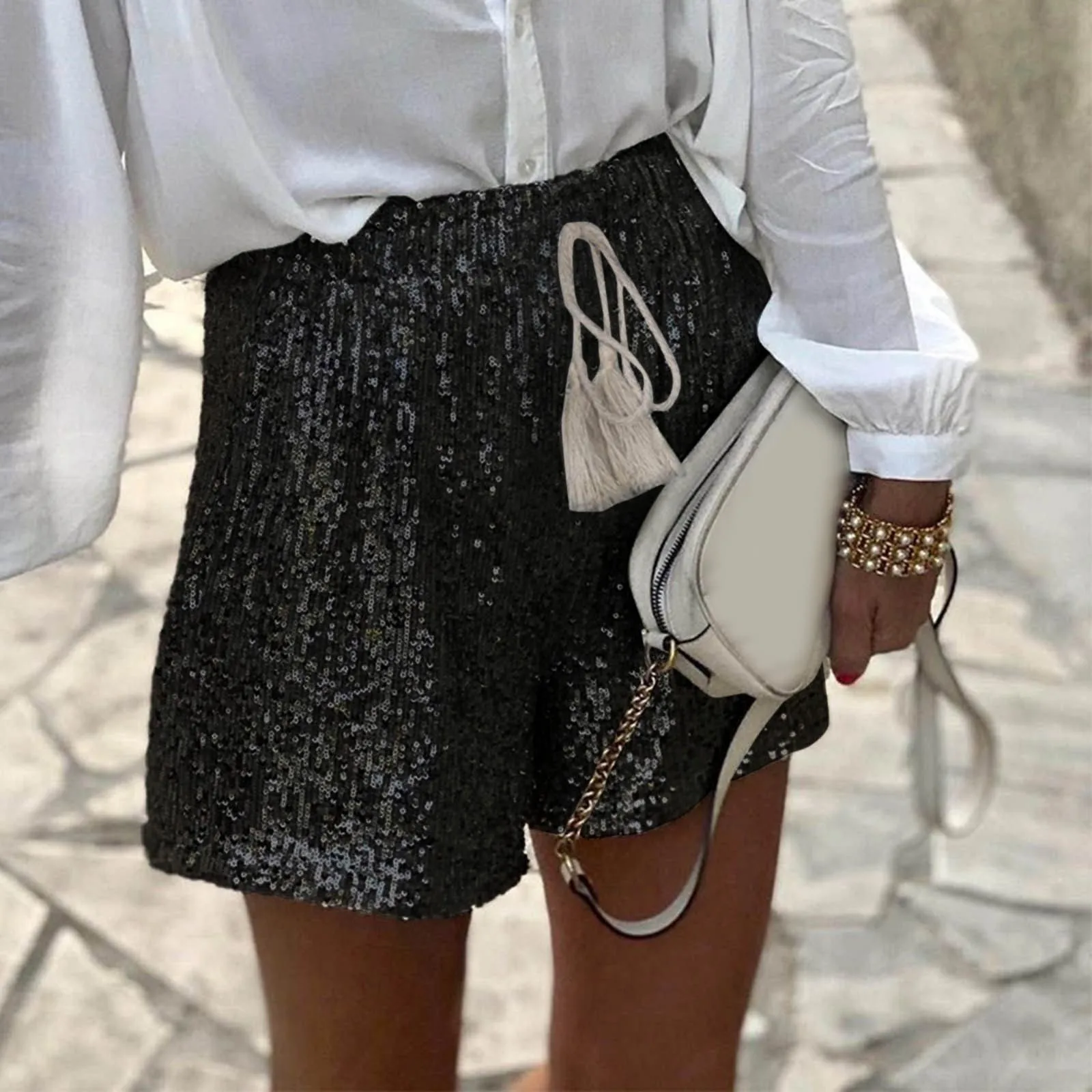 

Ladies Summer Sequin Shorts Drawstring High Waist Casual Loose A Line Hot Pants Sparkly Solid Color Sexy Shorts For Women