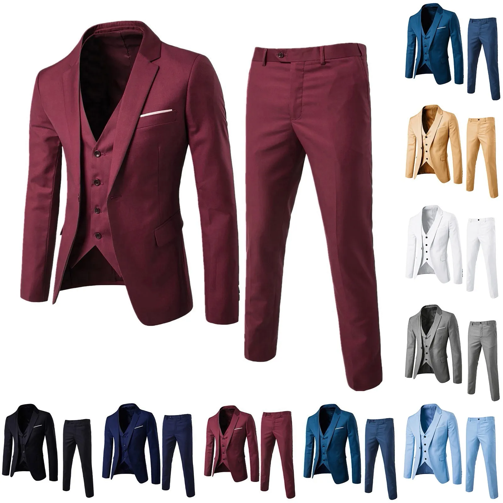 Men Jacket Suit Slim 3 Piece Suit Business Wedding Dress Party Suit Vest Long Pants Coat Waistcoat Korean Professional Uniform