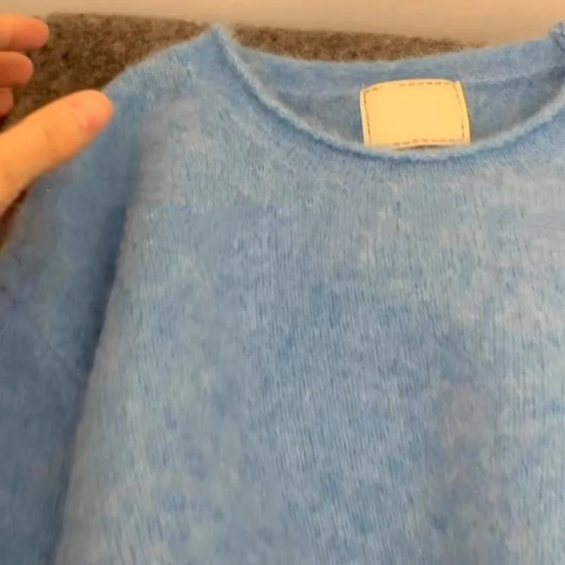 

Korean Fashion Blue O-Neck Cashmere Sweater Women Autumn Winter Loose Woolen Solid Color Long Sleeve Womens Knit Pullover