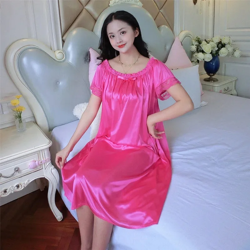 2024 Women Ice Silk Sleepwear Set Nightdress Homewear Nightwear Pyjamas Female Lace Sleepwear V-neck Nightgown 40kg-100kg