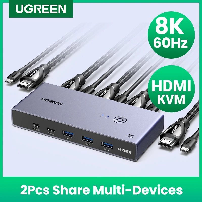 UGREEN 8K 60Hz HDMI KVM Switch USB C USB3.0 KVM Switcher 2 PCs Sharing 1 Monitor,Printer,Keyboard,Mouse Support 3D ,HDR Vision