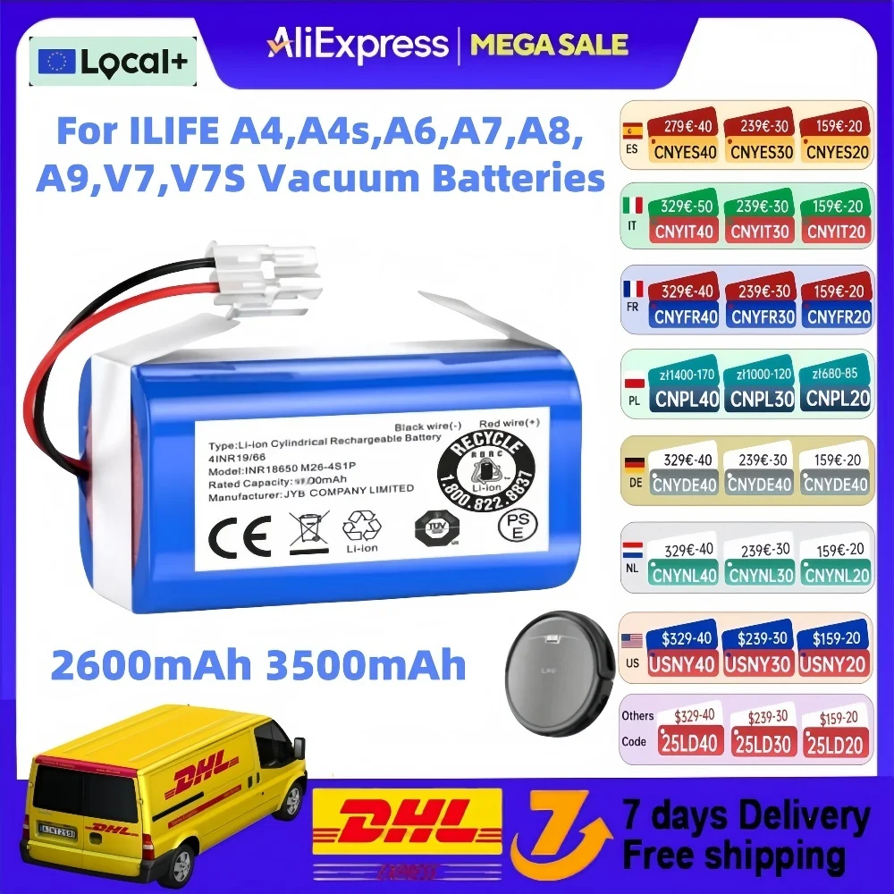 Batteria al litio originale da 14,8 V 2600 mAh 3500 mAh per aspirapolvere robot ILIFE A4 A4s V7 A6 V7s Plus INR18650 M26-4S1P