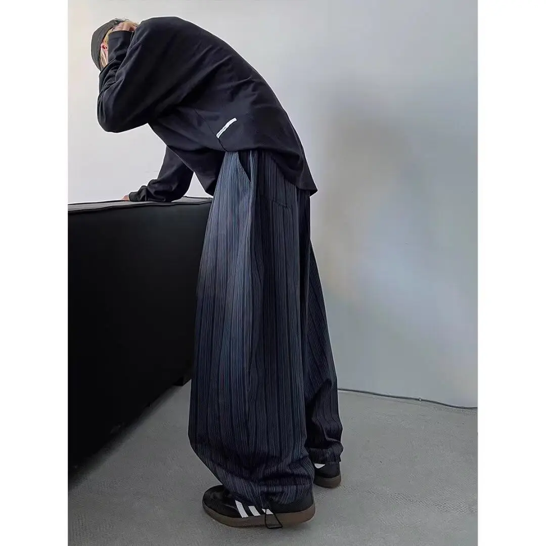 Trendy Korean Style Retro Black Blue Vertical Striped Scimitar Wide Eg Pants Men Y2K Design Can Tie The Feet and Mop The Floor