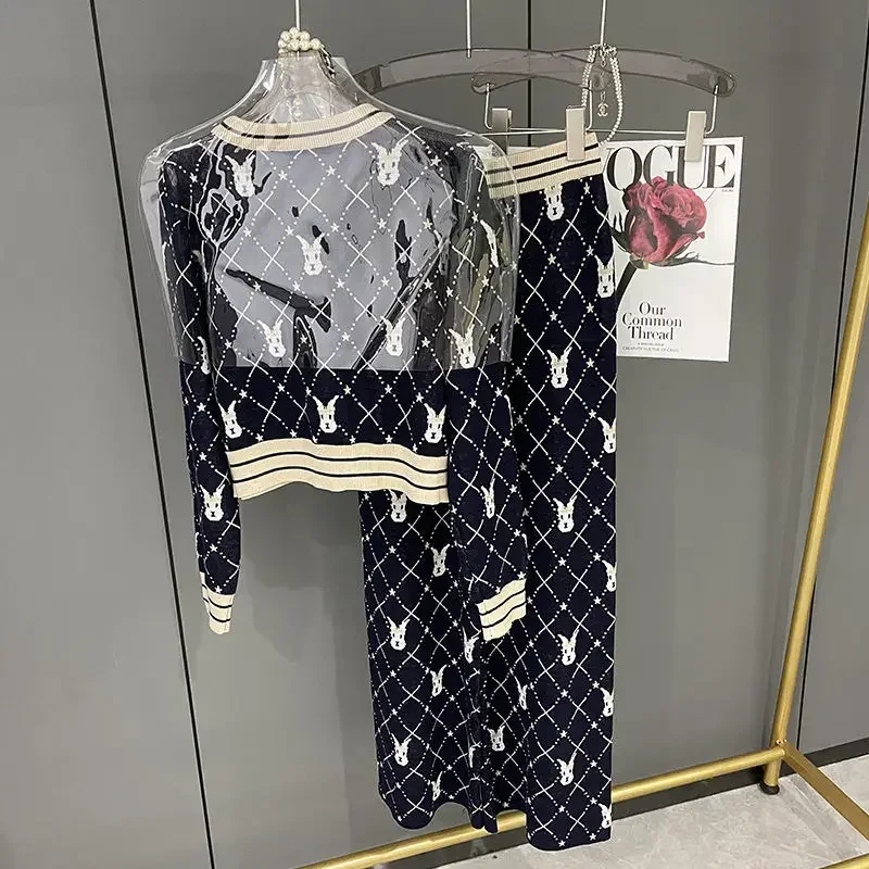Nowa jesienna dzianinowa damska garnitur moda z dzianiny Socialite V-neck sweter krótki Top + spodnie szerokie nogawki zestawy dwuczęściowy strój