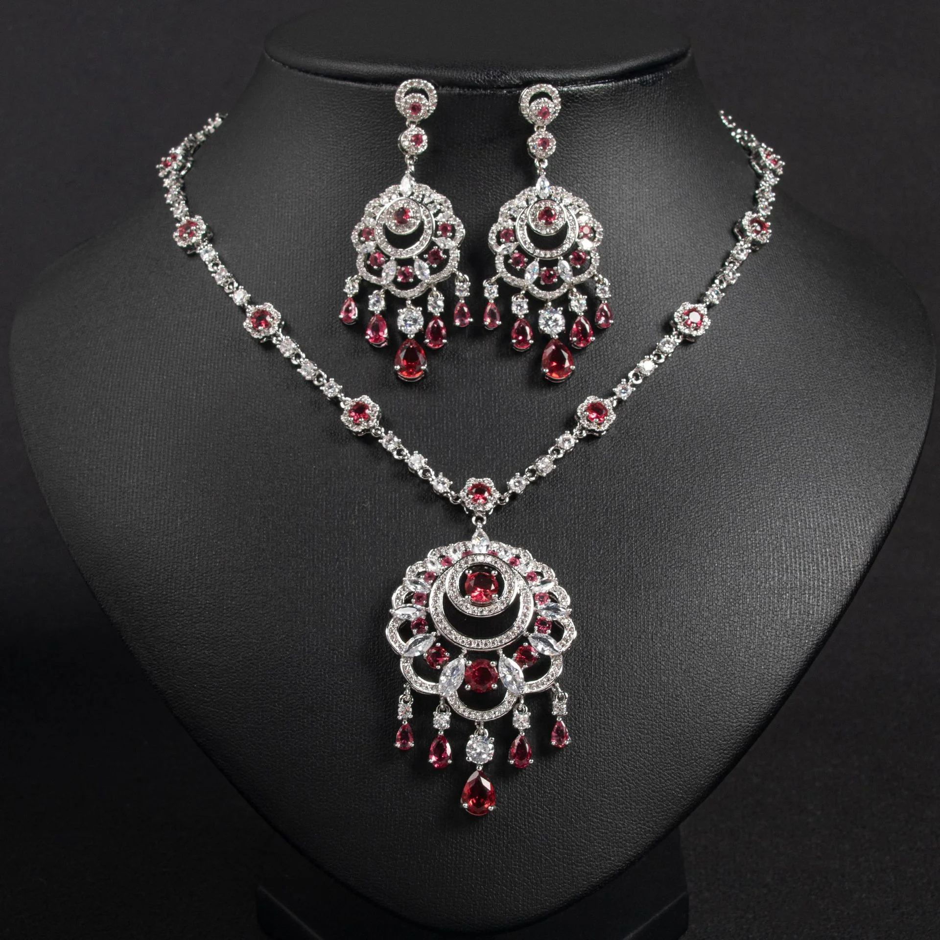

Bohemian Ethnic Style Tassel Water Drop Pendant Necklace Full Diamond Zircon Earrings 2Pcs Elegant European Jewelry Set