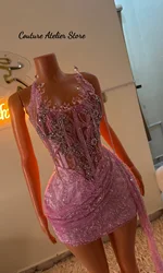 Pink Crystal Beaded Homecoming Prom Dress Mermaid Mini Cocktail Valentine's Day Birthday Dress Luxury 2026 Blackgirl Customized