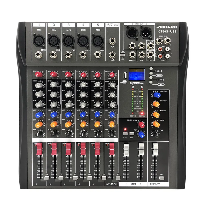 Professional Digital 6-way Mixer Microphone Recording DJ Mixer Stage Bluetooth Audio Speaker Set Equipment