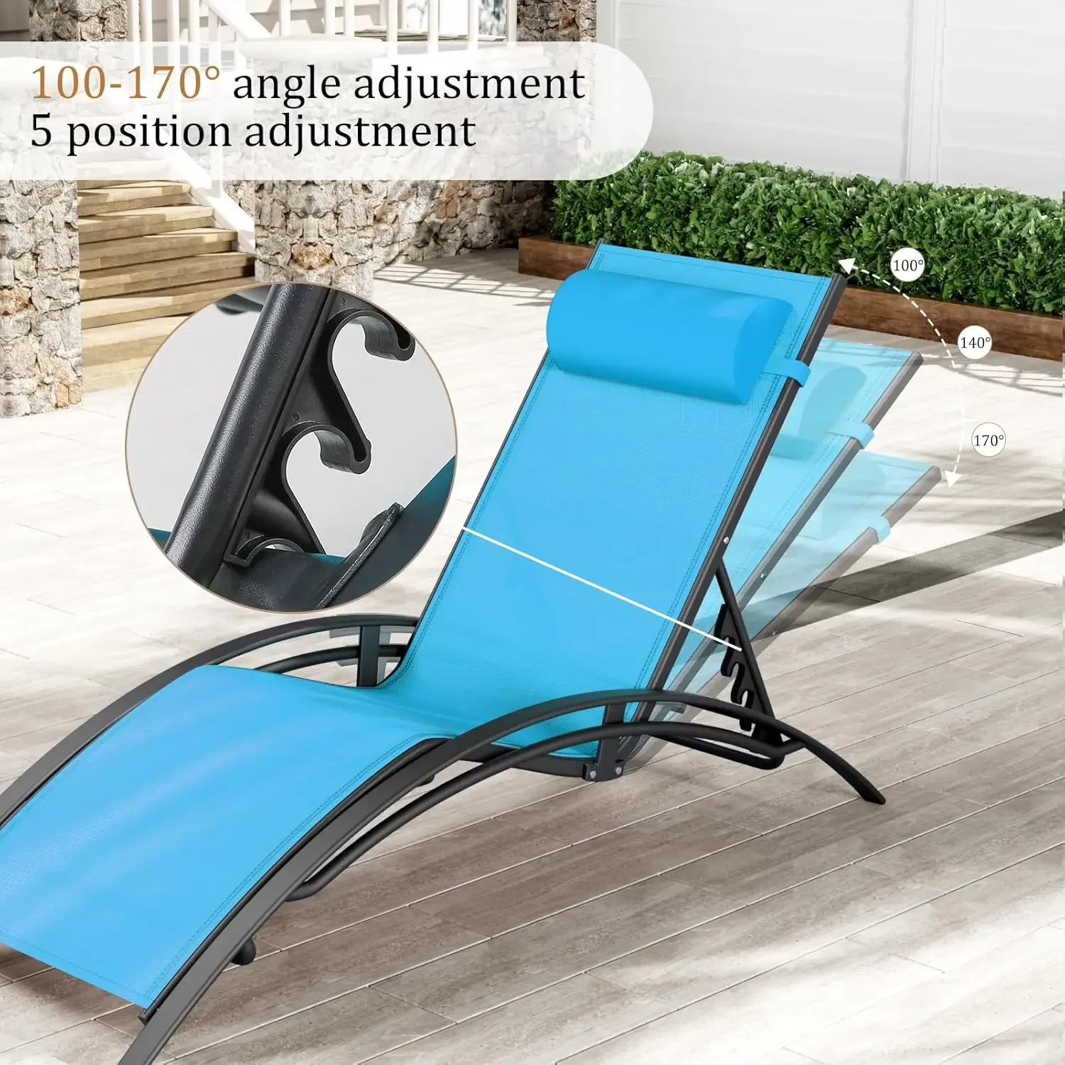 3 Piece  ized Patio Chaise   Set 5 Level Adjus  Pool   Chairs with Headrest Tanning Recliner for Poolside Bac