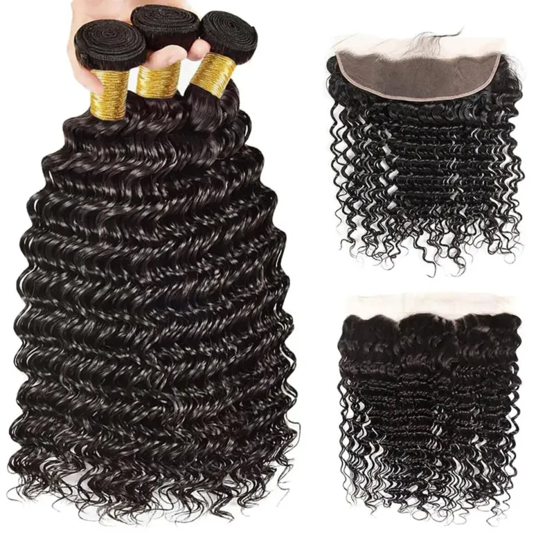 Deep Wave Human Hair Bundles With Closure Brazilian 100% Unprocessed Human Hair Bundle 13X4 Lace Frontal Extension Natural Color