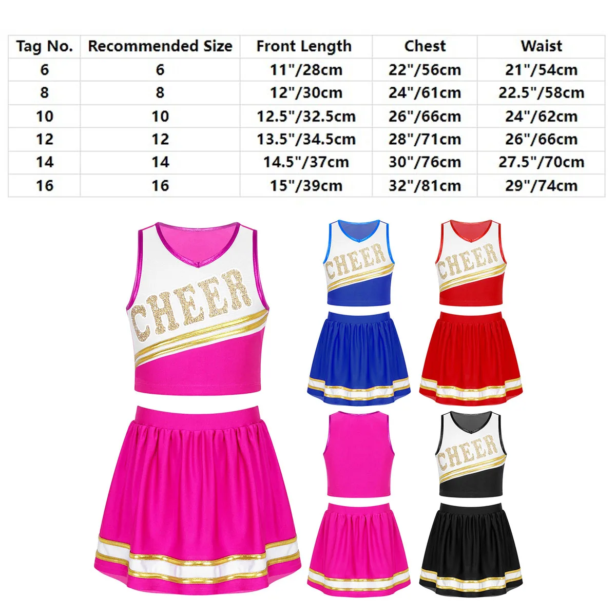 เด็กสาวเชียร์ลีดเดอร์ Dancewear ชุด2Pcs เชียร์ลีดเดอร์เครื่องแต่งกายแขนกุด Letter เสื้อกล้ามพิมพ์ลายด้วยชุดกระโปรง