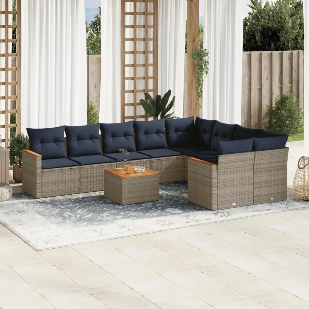

10 Piece Outdoor Patio Sofa Set with Cushions Gray Poly Rattan Furniture Garden Lounge Set
