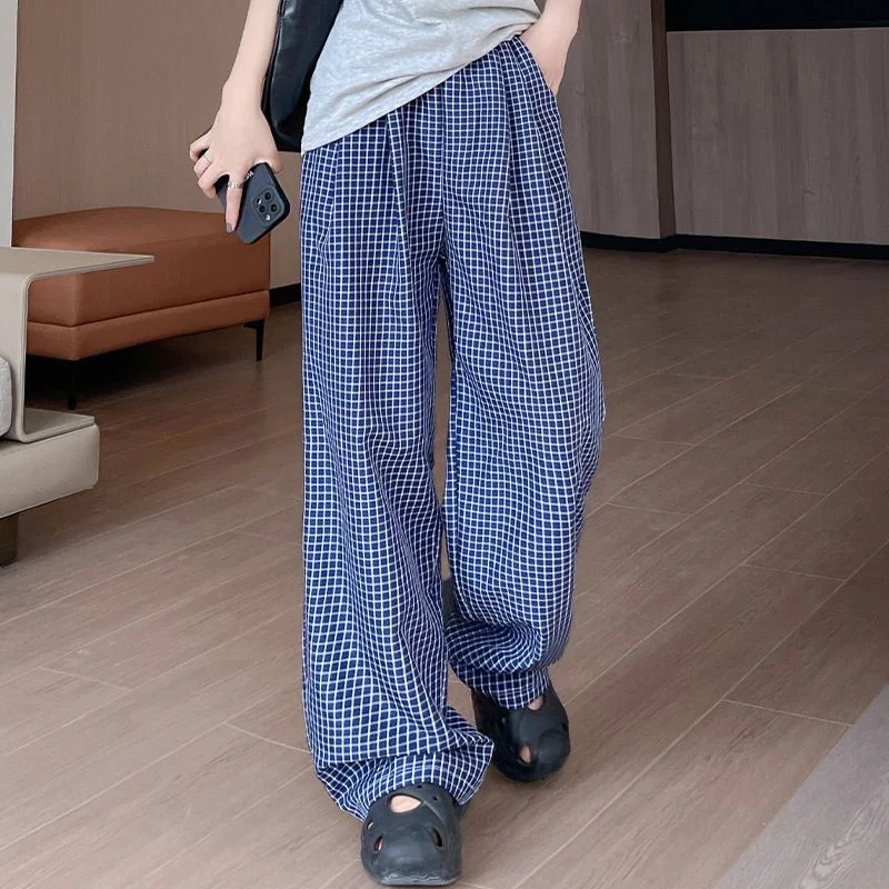 2025 Lente Meisjes Mode Marineblauwe Geruite Broek Vrouwelijke Koreaanse Retro Hoge Taille Broek Lady Chic Designer Rechte Pijpen Broek