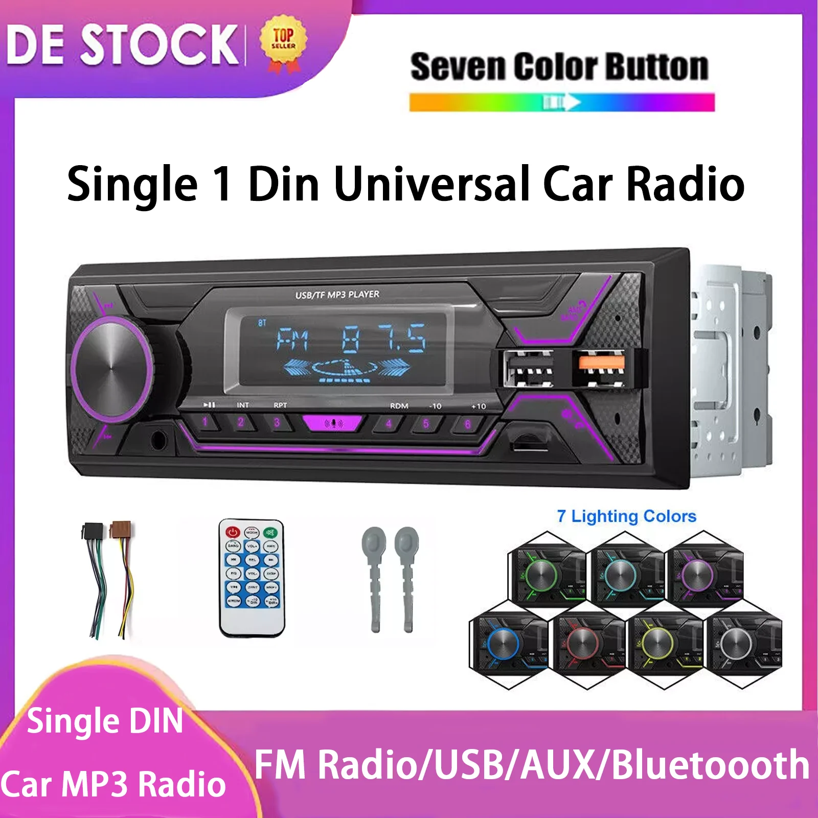 1 Din 12V Universal Car Stereo MP3 Radio Player SD/USB/AUX Head Unit BT In-dash FM USB TF Bluetooth AUX With 7 Colorful Lights