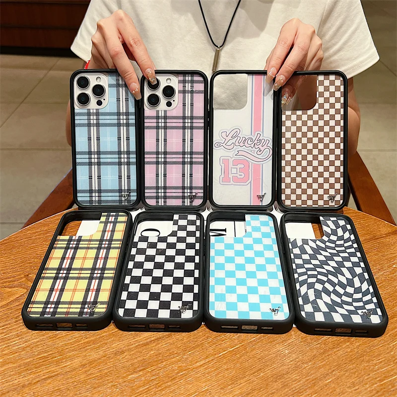 

Wildflower Blue Plaid Phone Case For iPhone 16 15 14 13 12 Pro Max Plus wf Checkers Lavender Lucky Girl Shockproof Back Cover