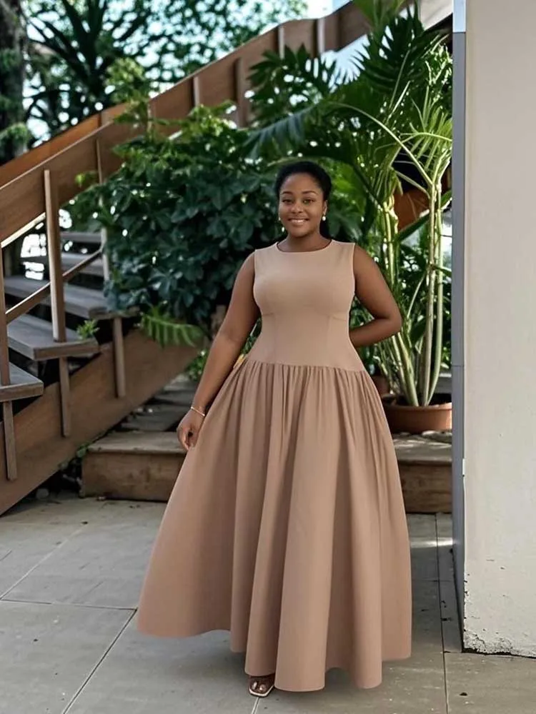 Classic French Dress Women Elegant O Neck Long Sleeveless Dress Cut Out Backless Summer Casual High Waist Slim Tank Top Dress