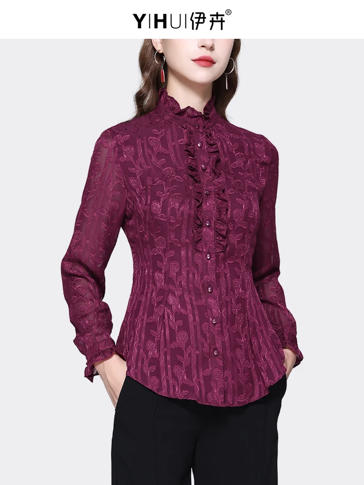 2024 Spring New Women Wine Red Floral Chiffon Blouse Long Sleeve Stand Collar Slim Fit Button-down Shirts Vintage Casual Tops