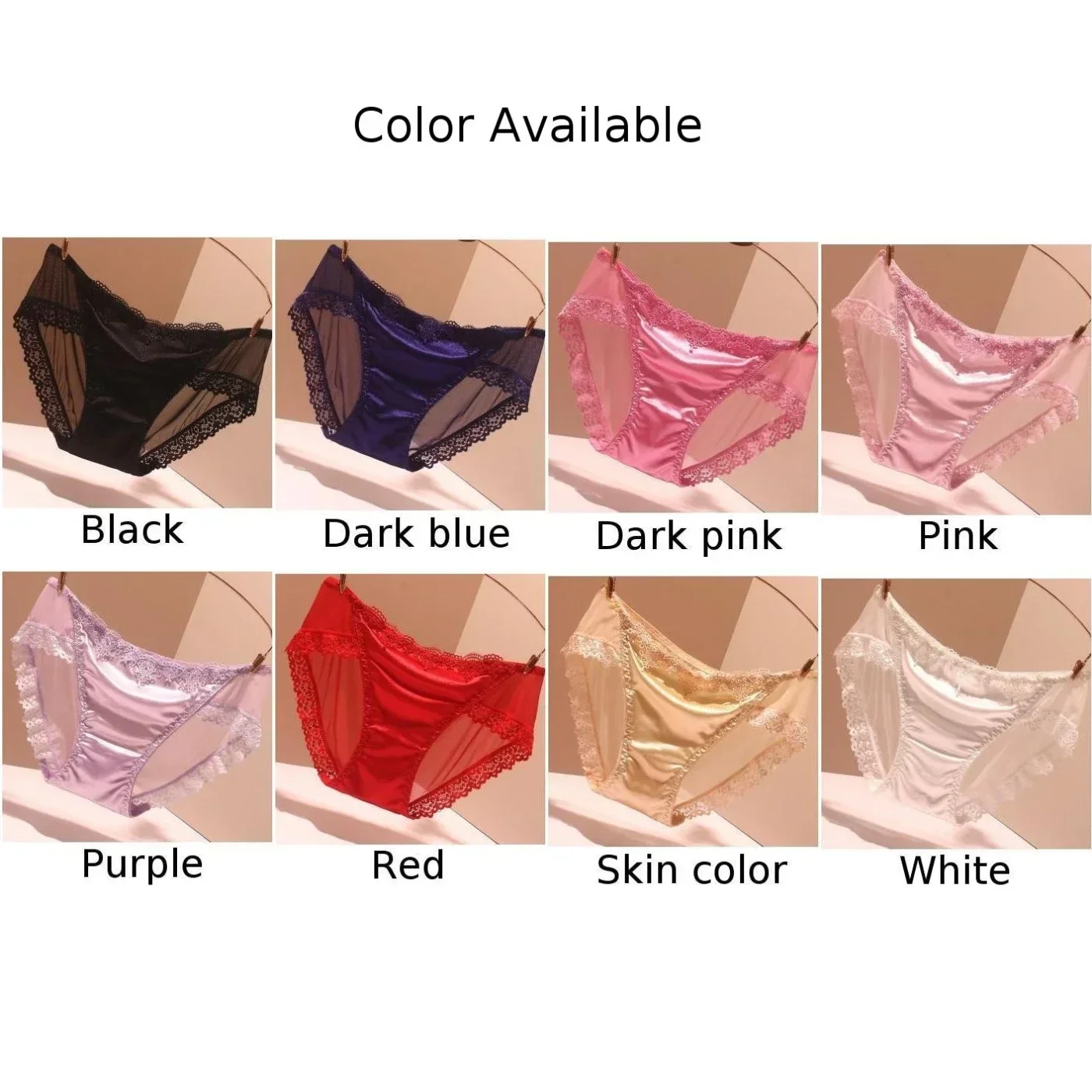 Traceless Satin Briefs Women Lightweight and Sexy Silky Soft Underwear M L Sizes White/Black/Skin/Dark blue/Purple/Pink/Red