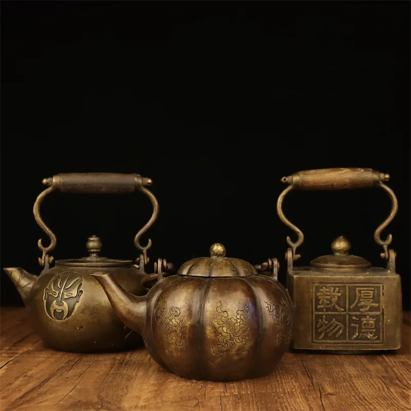Copper-colored pot, copper teapot, wine pot, collectible wooden handle pot, round pot, pumpkin pot, square pot, mask pot
