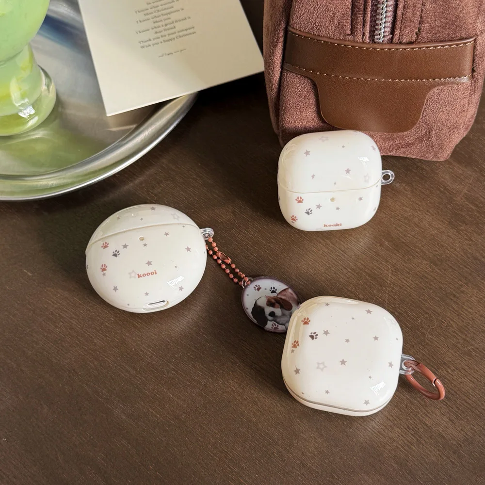 Beige Star Dog Paw Print Keyring Earphone Case For Samsung Galaxy Buds 2 3 Pro Live FE Core Cases Soft Headset Protective Cover