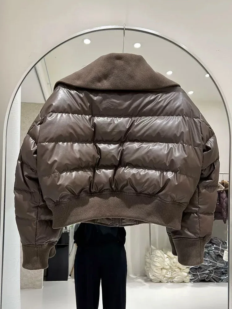 PU Leather Splicing Non Washable Down Jacket Women Short Style 2025 Winter New Laple Collar Trendy White Duck Down Coat