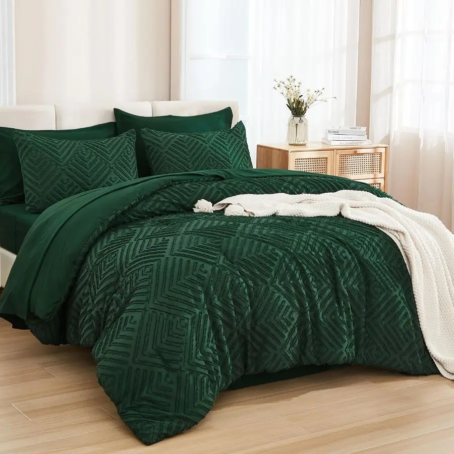 

King Size Comforter Set 7 Pieces Dark Emerald Green Bed in a Bag King Boho Lightweight Fluffy Tufted Bedding Sets with Quilt Co