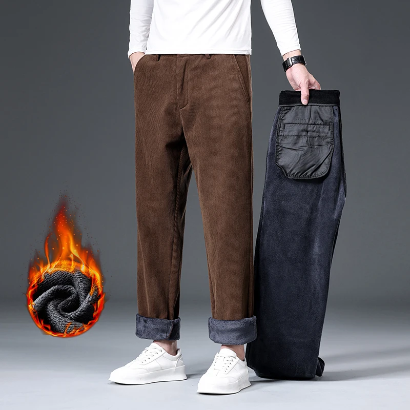 Winter Corduroy Plush Pants Men's Thickened Casual Straight Fashion Business Velvet Trousers Male Brand Fleece Baggy Pants