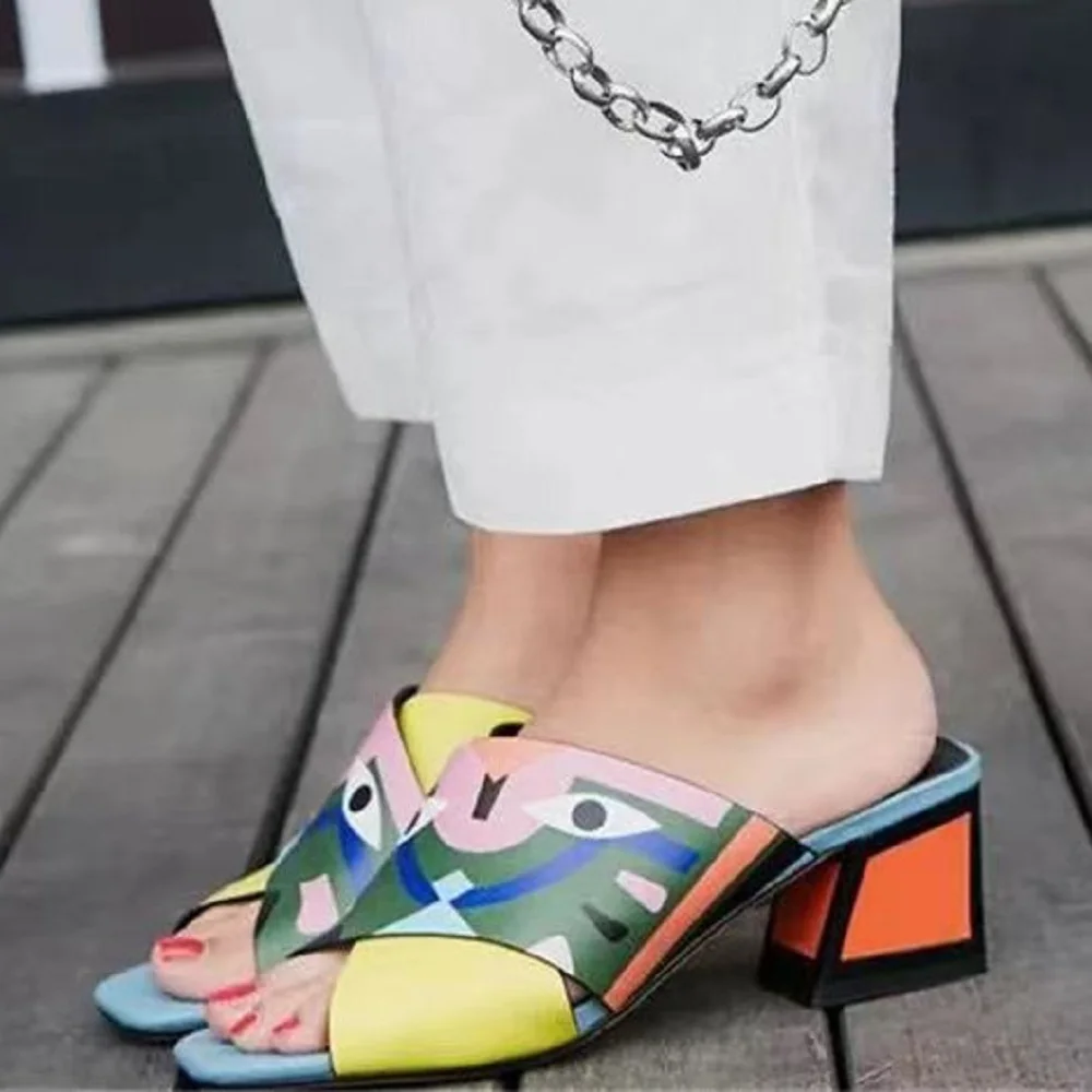 【JOCHEBED HU】Graffiti woman slippers mixed colors peep toe shoes for women mid heels summer sandals eyes printed fashion 33-43