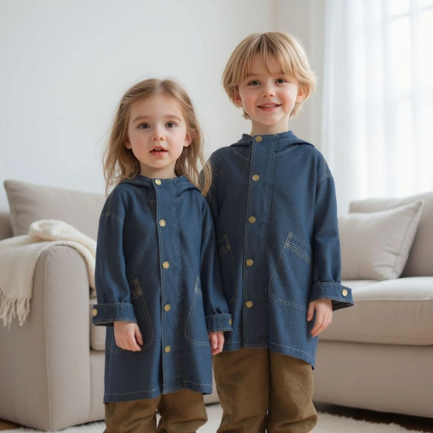 

2025 New Kids Denim Jacket Mid-Length Coat Hooded Windbreaker for Boys & Girls Autumn/Spring Outerwear for Toddlers