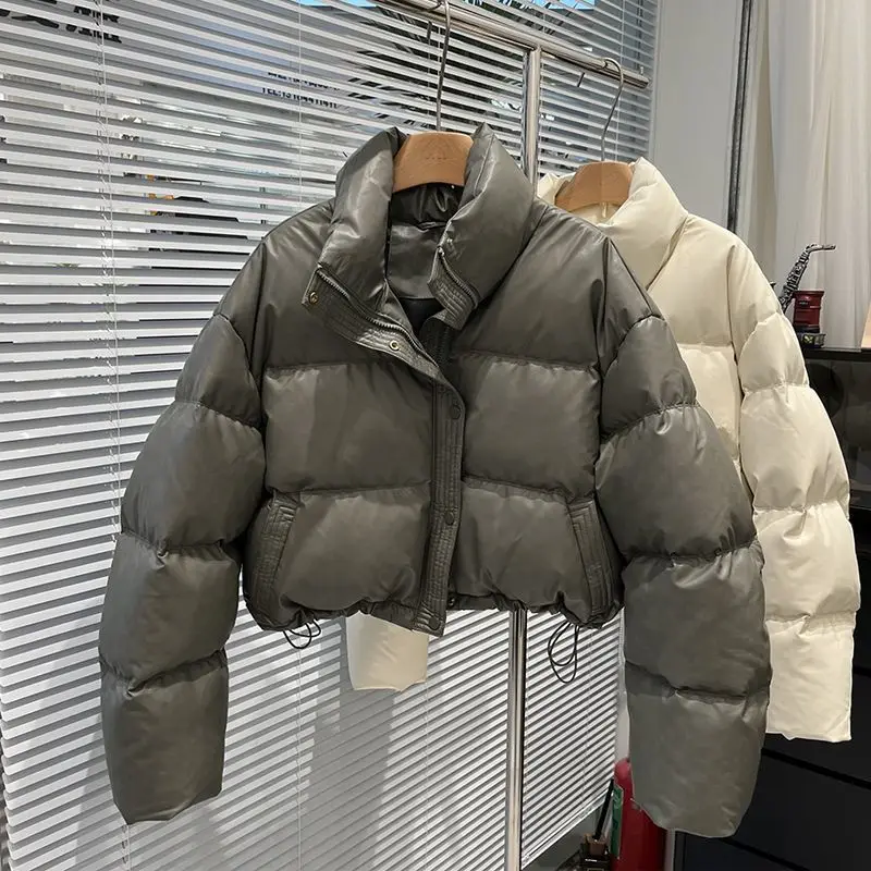 

2025 Winter New Korean PU Leather Thickened Parkas Jacket Women's Short Style Stand Up Collar Loose Casual Coat Female Clothing