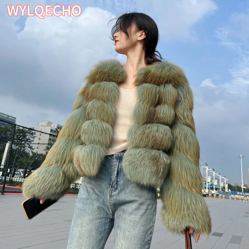 2023 Winter New Fashion Women Faux Fur Coat Female Green Elegant Fluffy Thick Warm Artificial Fox Fur Jacket Outerwear