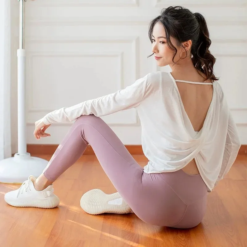 Women's Yoga Shirt Backless Gym Fitness Sportswear Sexy Beauty Back Tops Breathable Loose Running Workout T-shirt