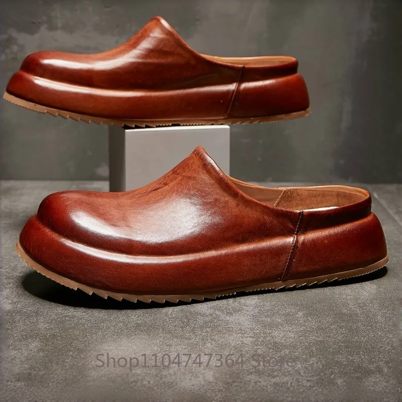 High End Fashion Genuine Leather Sport Casual Outdoor Half Slippers Men's Shoes Spring Summer Thick Sole Mules Male Shoes