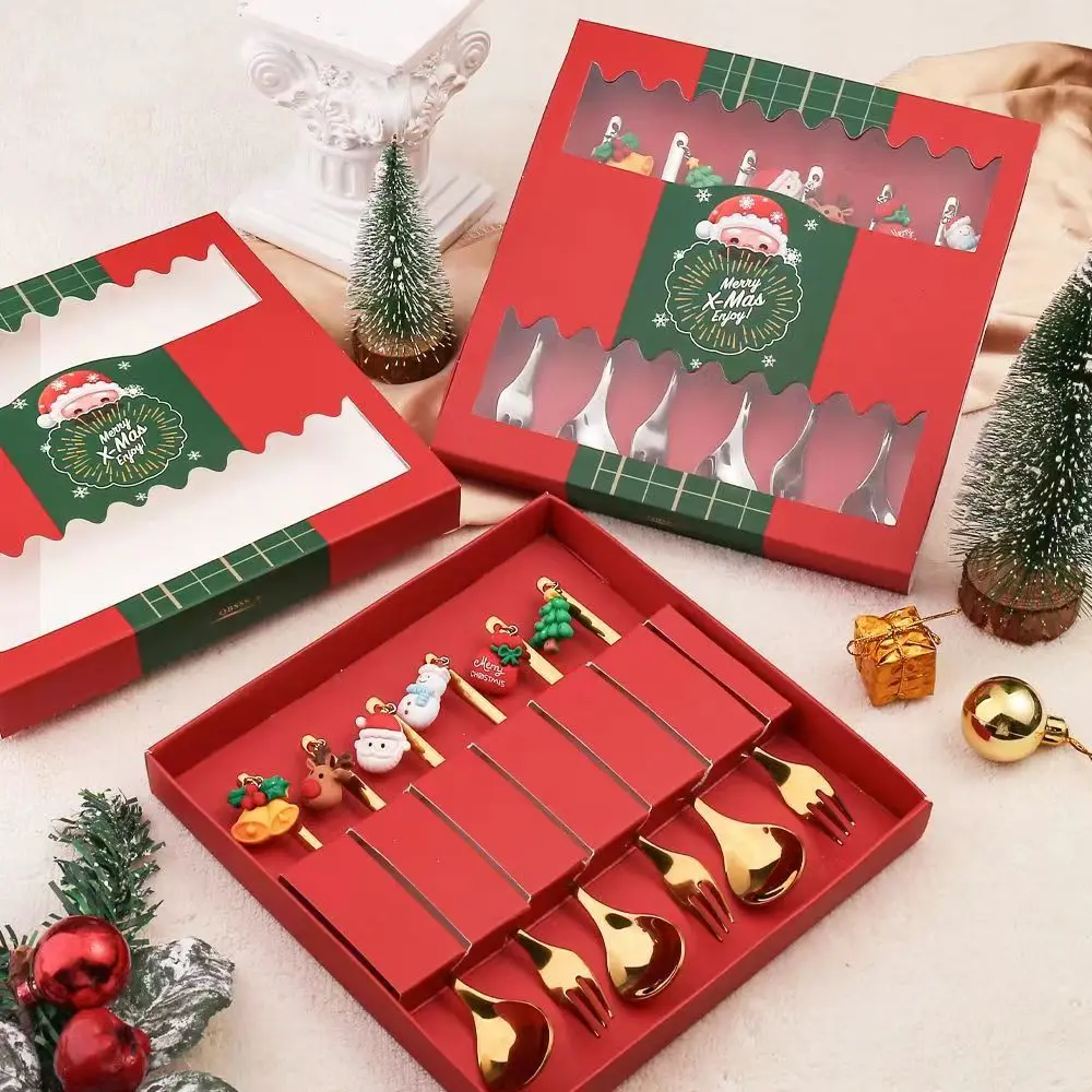 Stainless Steel Kid Christmas Spoon Fork Toy Gift Box Set Coffee Dessert Fruit Flatware Dinner Cutlery Utensil For Party Favor