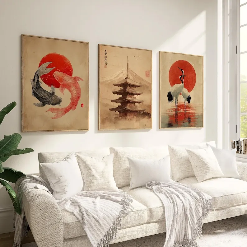 3 piezas de arte de pared en lienzo con diseño de peces Koi japoneses vintage, impresiones tradicionales de grúas de pagoda sin marco para decoración de sala de estar y dormitorio