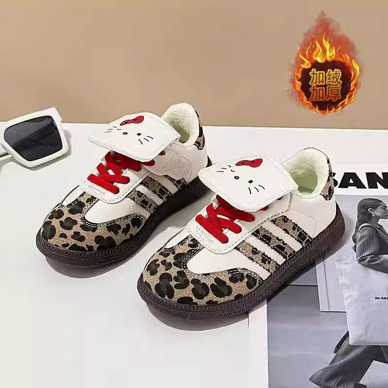 

2026 Hello Kitty Girls' Korean Style Sneakers, Cute Cat Flip Top Leopard Print Shoes, Casual Trainers for Kindergarten Kids