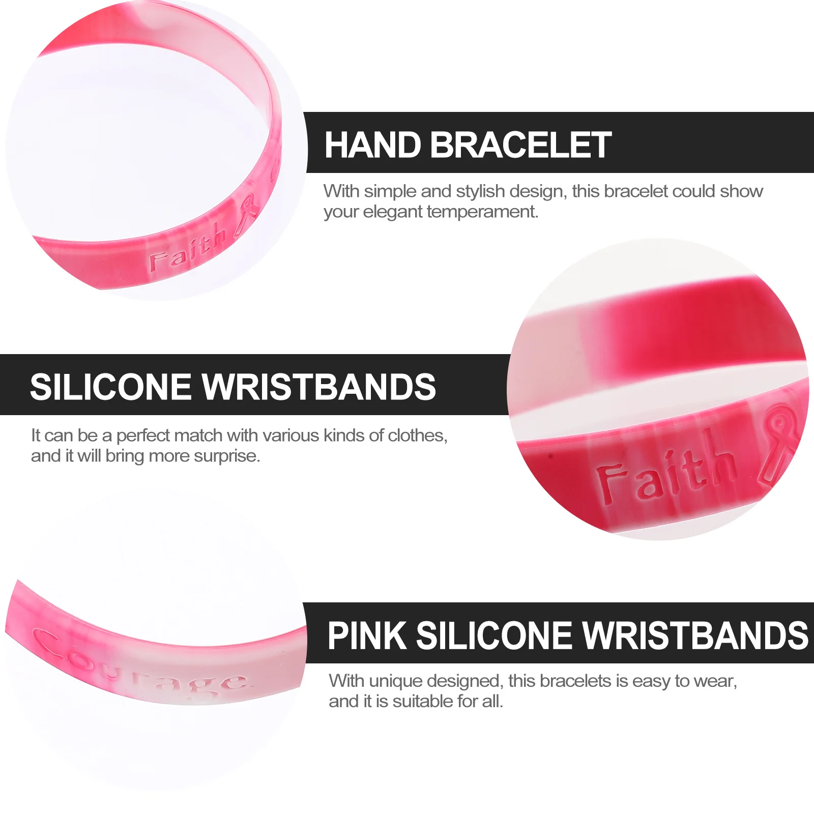 

10Pcs Silicone Breast Cancer Awareness Bracelets Elastic Stylish Pink Wristbands Elegant Hand Bracelet for Women Support Wrist
