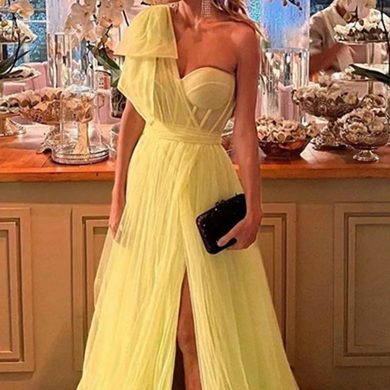 Customized Yellow One Shoulder Prom Dresses For Party Tulle Front Side Split Evening Women Dresses 2025 Bow Tie Elegant Gowns