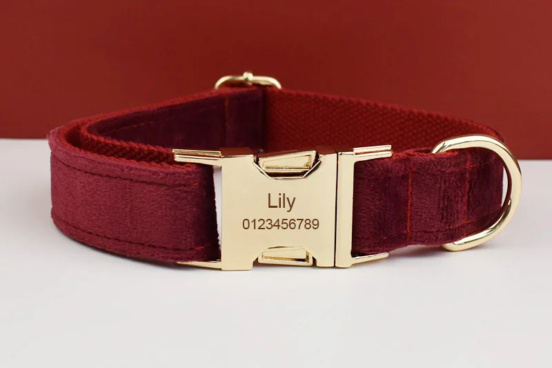 Rotes Weinrot-Samt-Hundehalsband und Leinen-Set für große Hunde, individuell graviertes Namensschild, Haustierzubehör, Hundeleine, Velvet07 – Detail 3