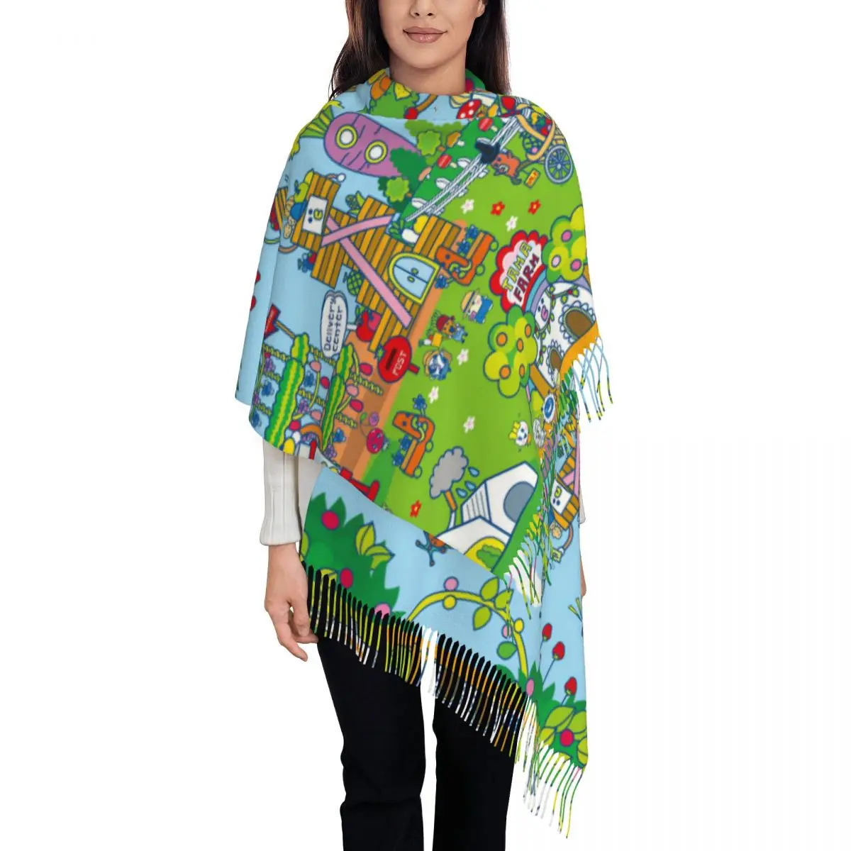 

Women's Tassel Scarf Tamagotchi Cartoon Large Winter Fall Shawl and Wrap Kawaii Game Gifts Pashmina Scarves