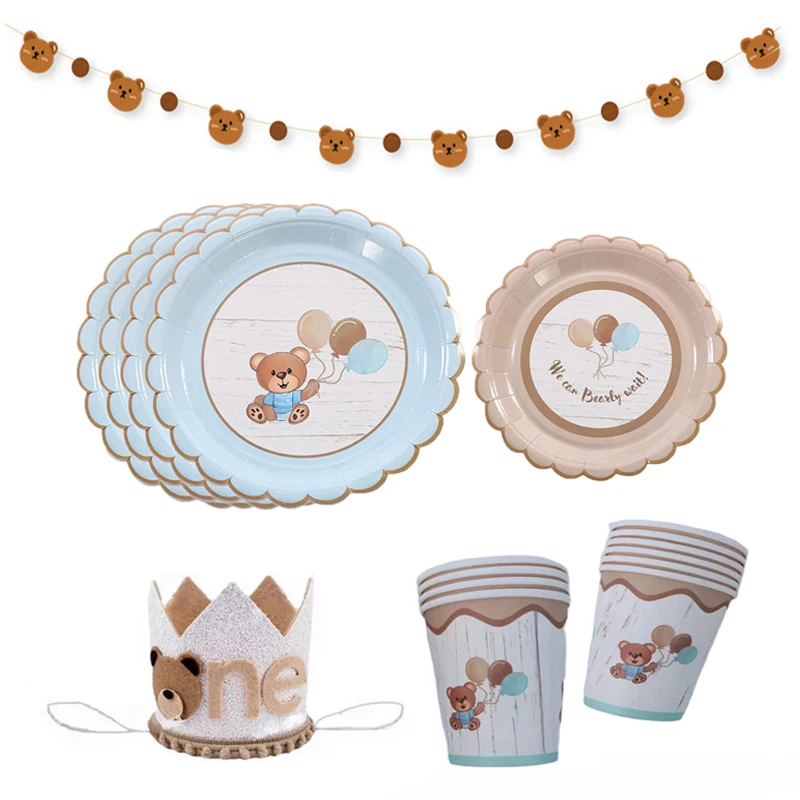 Cartoon Baby Bear Party Plate Cup Tableware Bear 1st Birthday Party Decor Kids Favor Baby Shower Happy Birthday Party Supplies