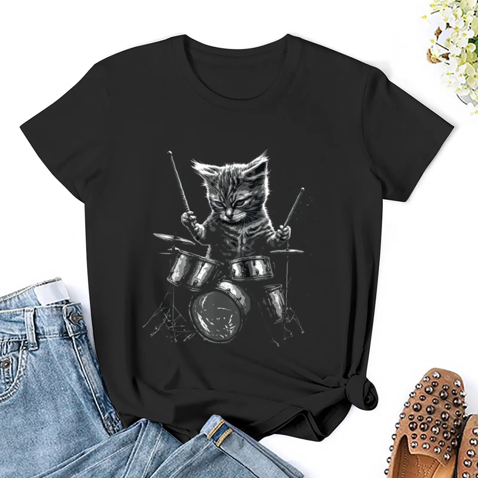 Punk Rockstar Kitten Kitty Cat Drummer Playing Drums T Shirt Graphic Shirt Casual Shorts Sleeved Female Tee T-Shirt Size S-4XL