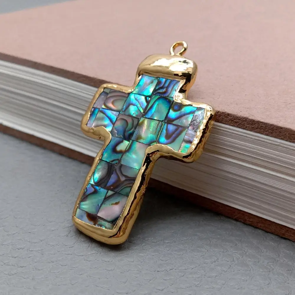 5 Pcs Multi Color Abalone Shell 30x45mm Crucifix Pendant Gold Plated For Jewelry Making