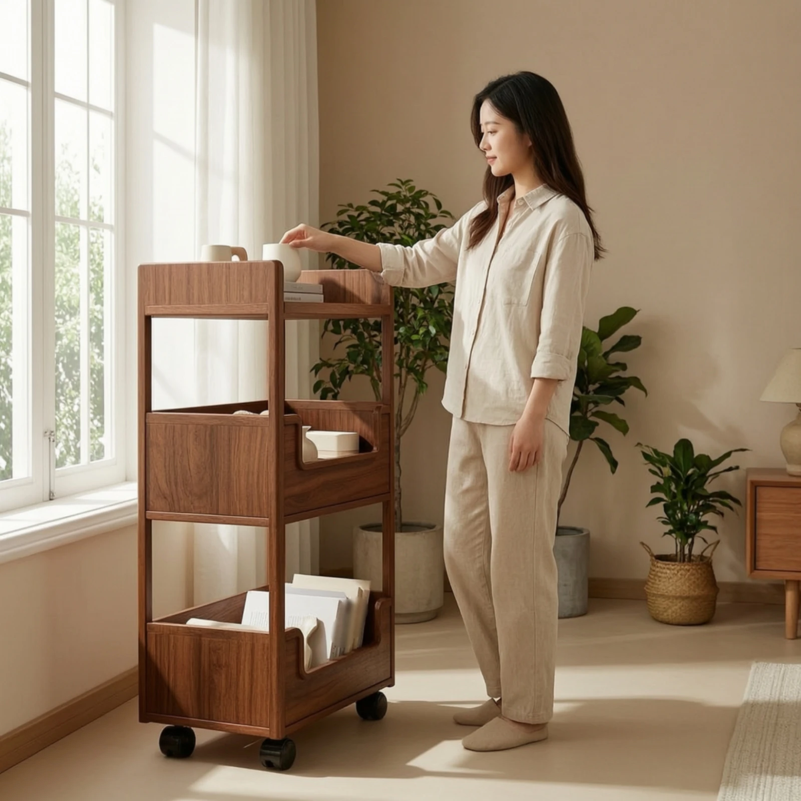 Rolling Storage Rack Solid Wood Utility Cart with Wheels Mobile Utility Cart Floor-Standing Furniture Sturdy for Laundry Room