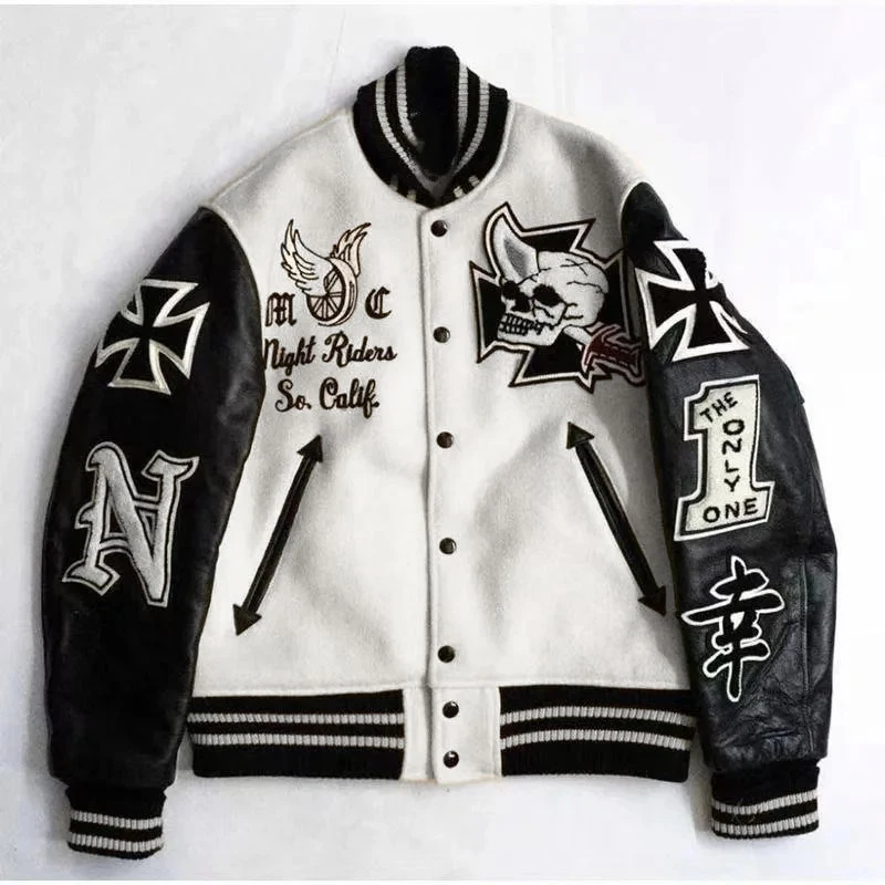 Vintage PU Leather Patchwork Outerwear Mens Spring Casual Button-up Jacket Coats Men Y2K Skulls Embroidery Stitch Design Jackets view 6