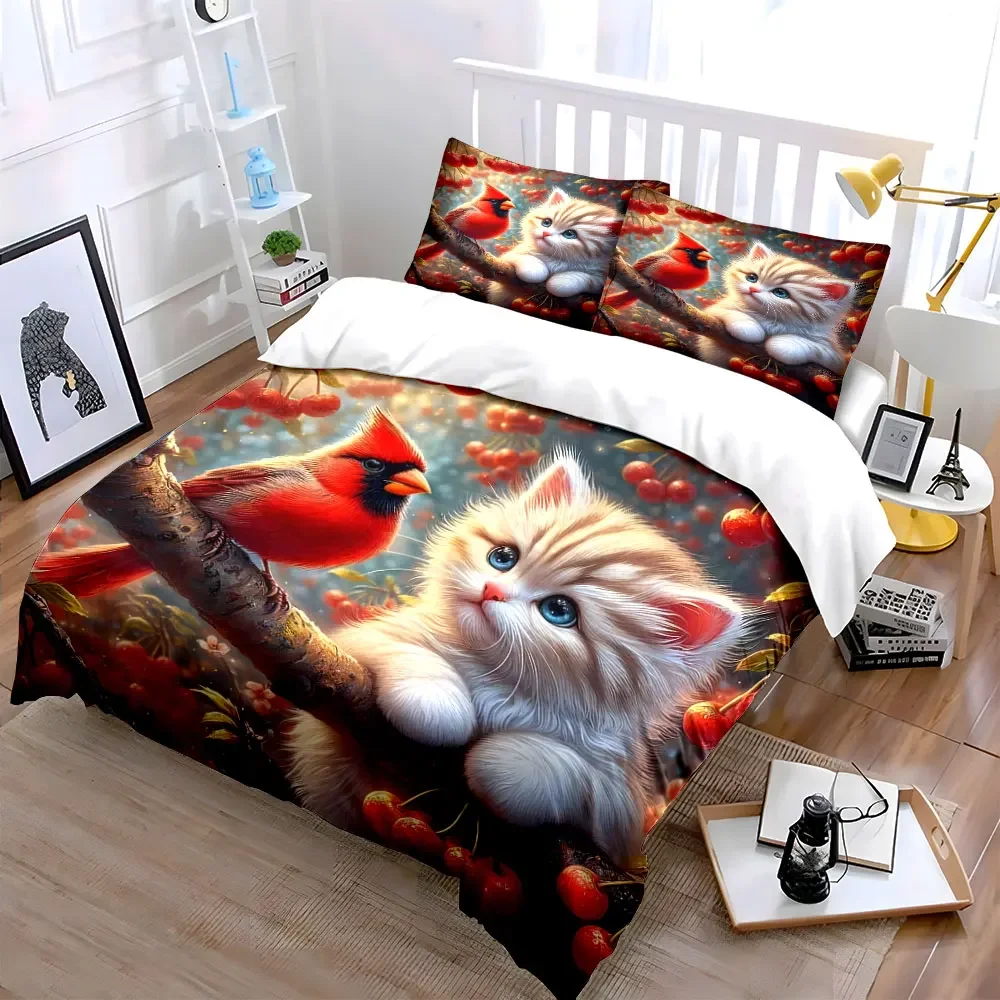 3Pcs Magical Cherry Blossom Cat Bedding Set, Fluffy Kitten and Red Cardinal on Branch Print Duvet Cover, Dreamy Floral Style